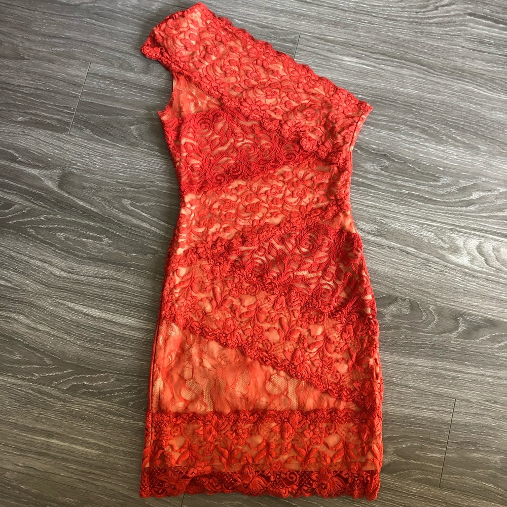 Bebe Red Lace, Neutral lining Off Shoulder Dress